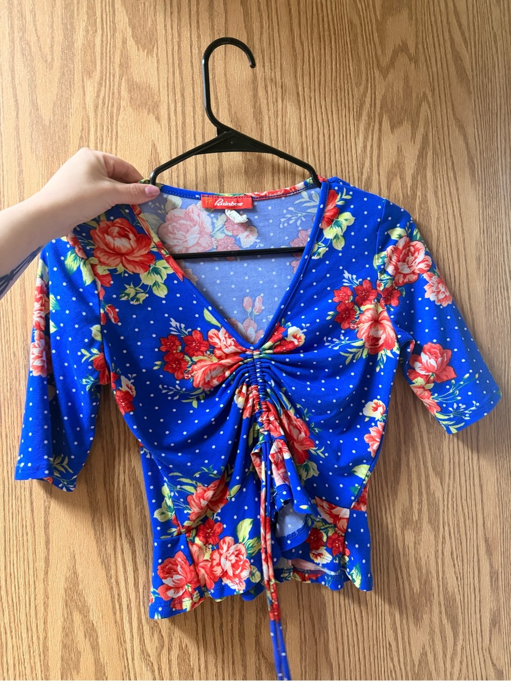 Rainbow Blue Floral V-Neck Ruched Crop Top